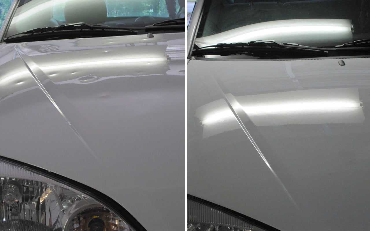 Customer vehicle panel photographed before and after dent repair
