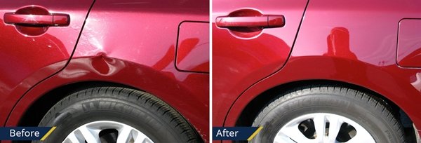 Red vehicle panel dent shown before and after paintless repair